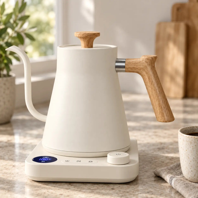 Ivory Yozcoffee gooseneck kettle with light wood-grain handle and lid knob