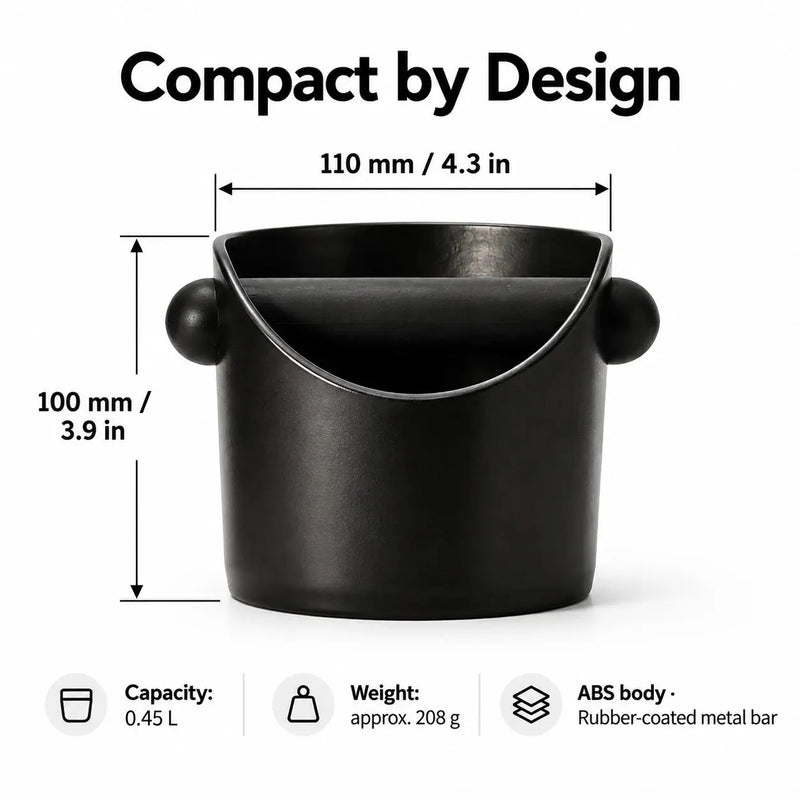 Yozcoffeeエスプレッソ用ノックボックスの寸法：幅110mm、高さ100mm、容量0.45L、重量約208g