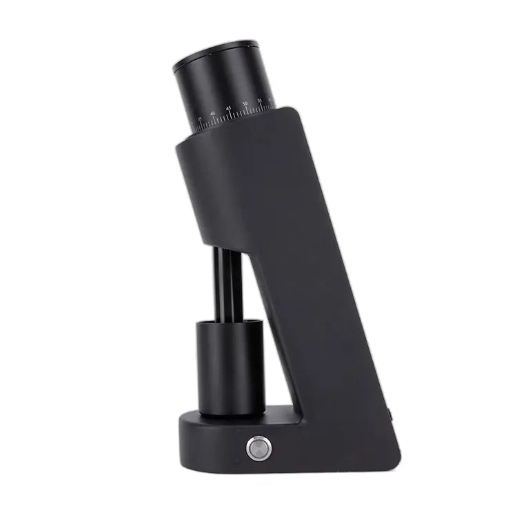 Side view of black Yozcoffee M20L burr grinder with grind adjustment dial