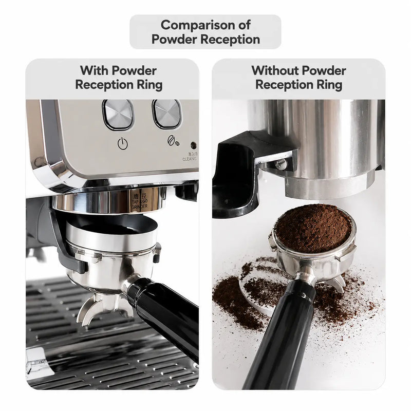 Espresso Dosing Funnel 51/53/58mm Magnetic Stainless Steel: spill reduction comparison