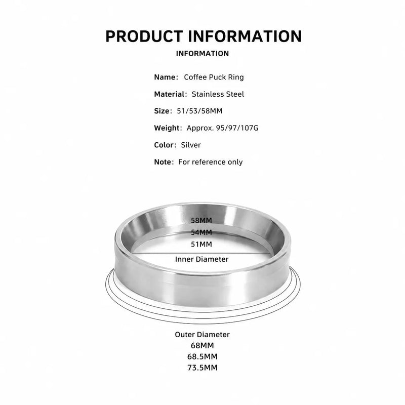 Espresso Dosing Funnel 51/53/58mm Magnetic Stainless Steel: size chart 51mm 53mm 58mm