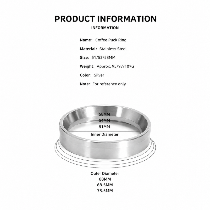 Yozcoffee magnetic espresso dosing funnel ring size chart for 51mm 53mm and 58mm options