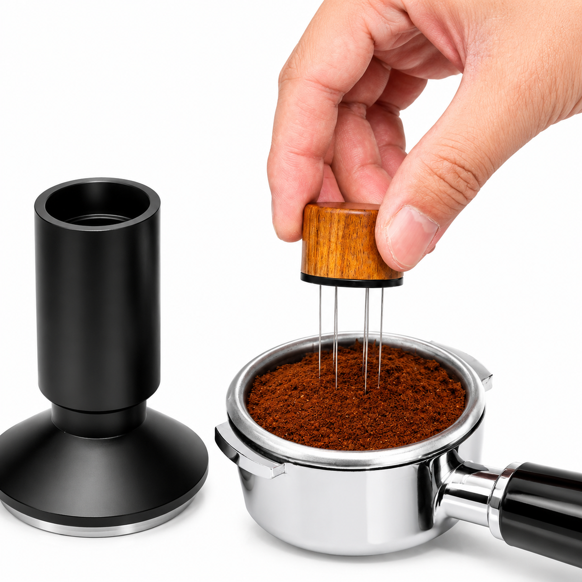 Yozcoffee magnetic needle espresso tamper being used over a portafilter basket