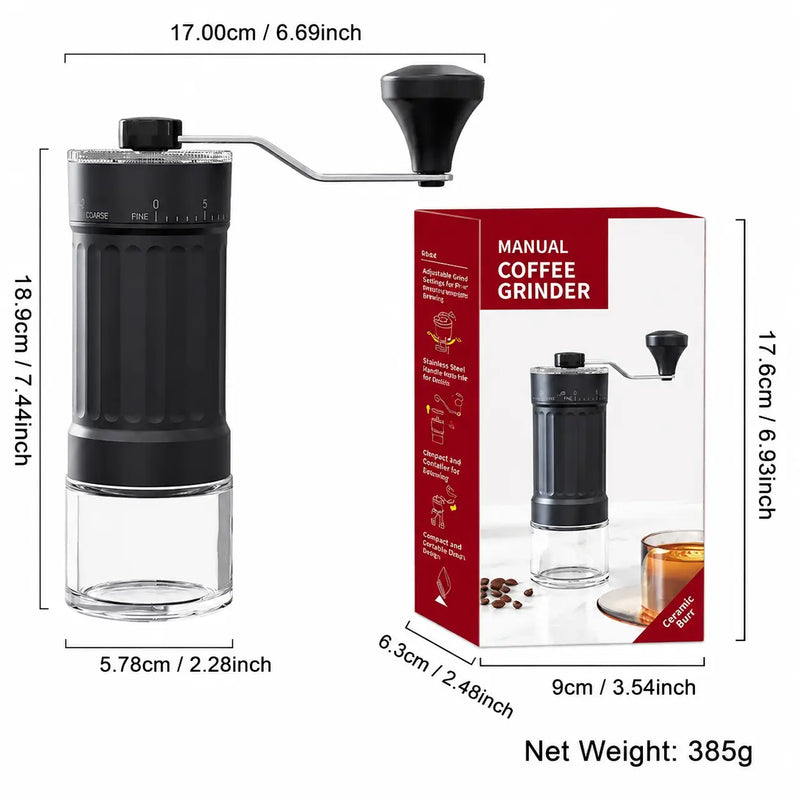 Manual Coffee Grinder 40 Settings Ceramic Burr Glass: dimensions