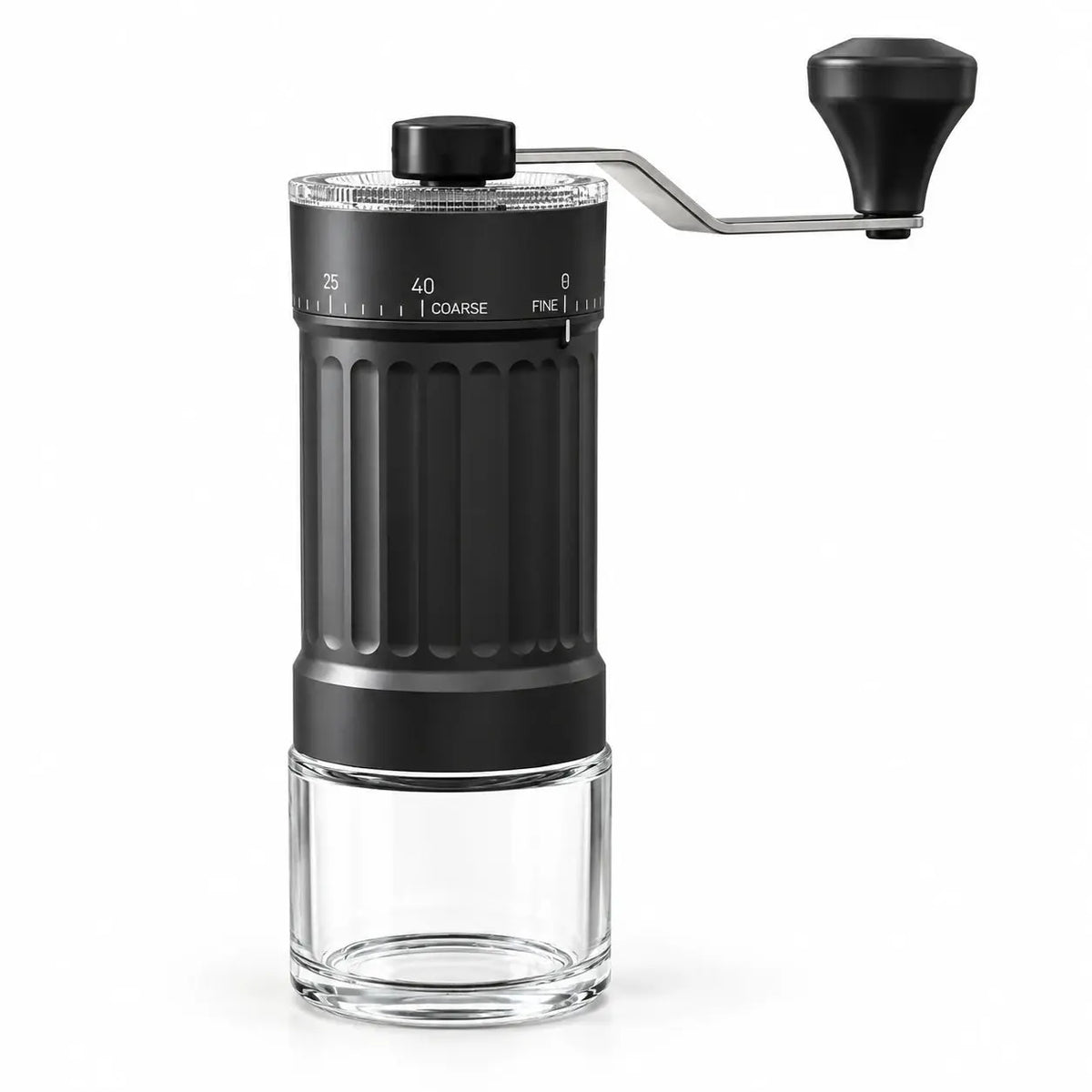 Czarny ręczny młynek Yozcoffee z ceramicznymi żarnami i odłączanym szklanym pojemnikiem na zmieloną kawę na białym tle