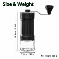 Wymiary ręcznego młynka Yozcoffee: 18,9 cm wysokości, 5,78 cm szerokości podstawy i waga 385 g