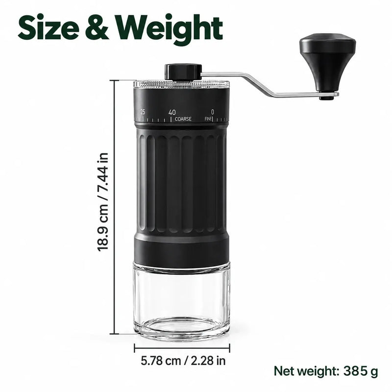 Wymiary ręcznego młynka Yozcoffee: 18,9 cm wysokości, 5,78 cm szerokości podstawy i waga 385 g