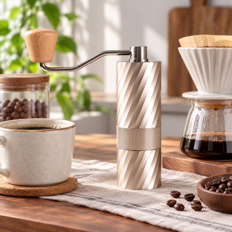 Champagne gold Yozcoffee manual coffee grinder beside a pour-over dripper and cup