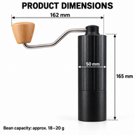 Yozcoffee manual coffee grinder dimensions: 165 mm height, 162 mm handle span, 50 mm body diameter