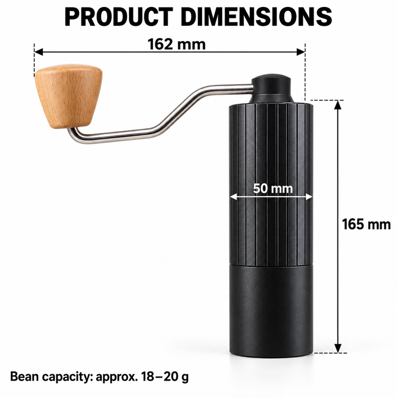Yozcoffee manual coffee grinder dimensions: 165 mm height, 162 mm handle span, 50 mm body diameter