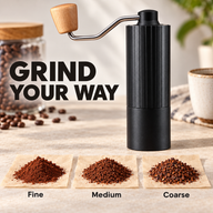 Yozcoffee hand coffee grinder beside fine, medium and coarse coffee grounds