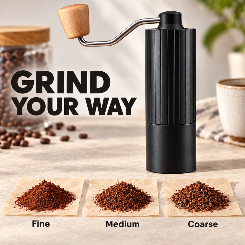 Yozcoffee hand coffee grinder beside fine, medium and coarse coffee grounds