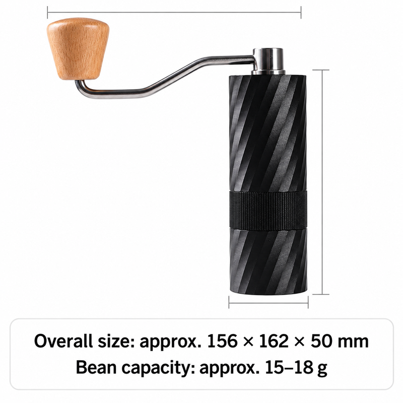 Yozcoffee manual coffee grinder overall size approximately 156 by 162 by 50 mm and bean capacity 15 to 18 g