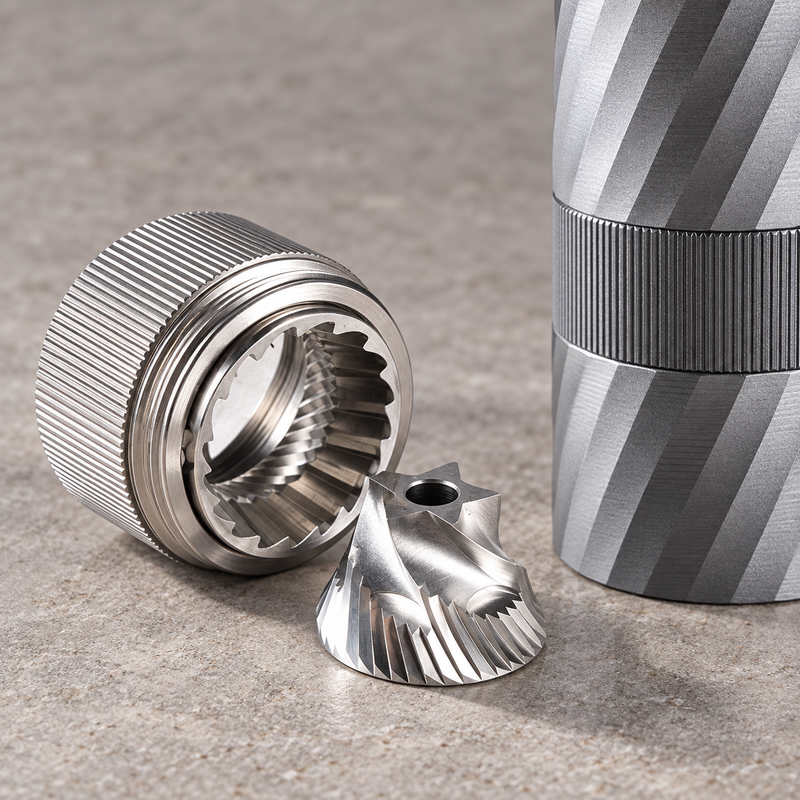 Close-up illustration of the Yozcoffee manual grinder stainless steel conical burr and outer burr