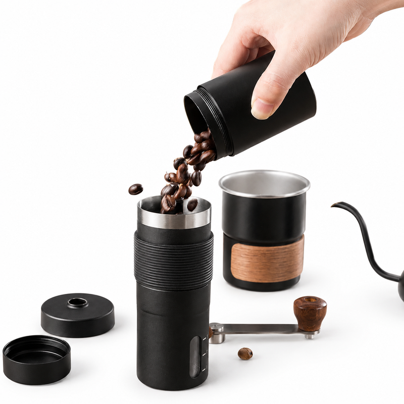 Yozcoffee manual coffee grinder filling with coffee beans beside portable pour over cup and kettle