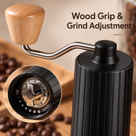 Wood crank knob and fine-to-coarse adjustment dial on black Yozcoffee manual coffee grinder