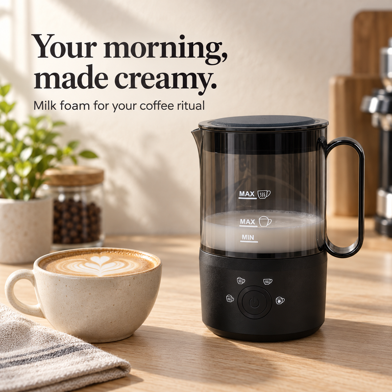 Black electric milk frother beside a cappuccino on a sunlit wooden coffee counter