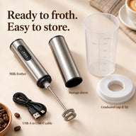 Yozcoffee milk frother set with whisk, storage sleeve, graduated cup, lid and USB-A to USB-C cable
