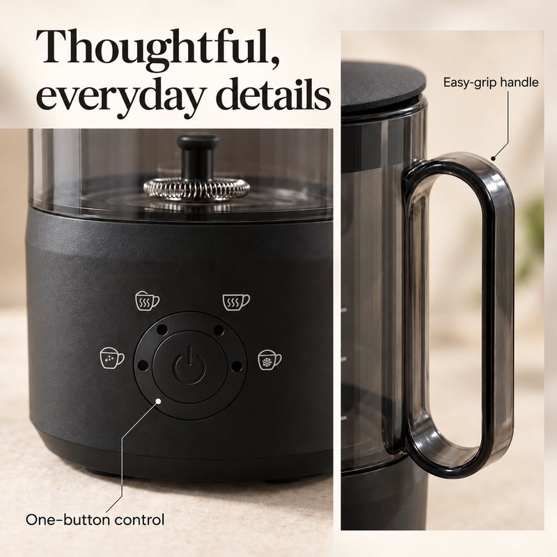 Details of the milk frother power button, four mode indicators and transparent loop handle