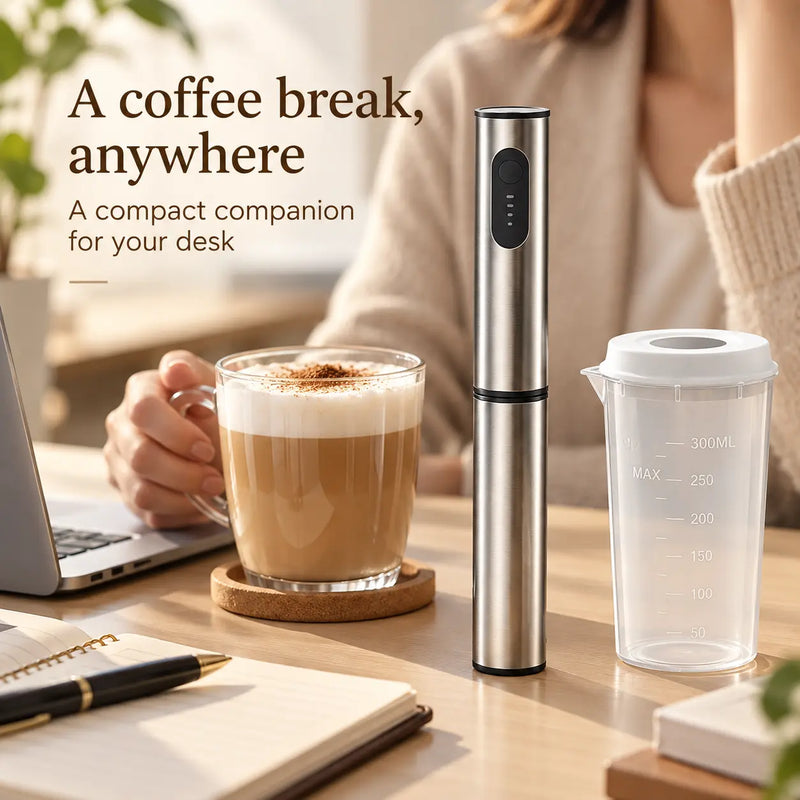 Yozcoffee silver milk frother set beside a latte on an office desk