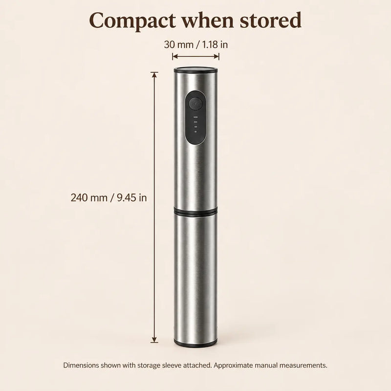 Yozcoffee milk frother dimensions with storage sleeve attached: approximately 240 mm by 30 mm