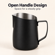 Black milk frothing pitcher showing the open angular handle