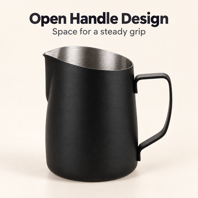 Black milk frothing pitcher showing the open angular handle