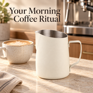 Ivory stainless steel milk pitcher beside a cappuccino in a home coffee corner