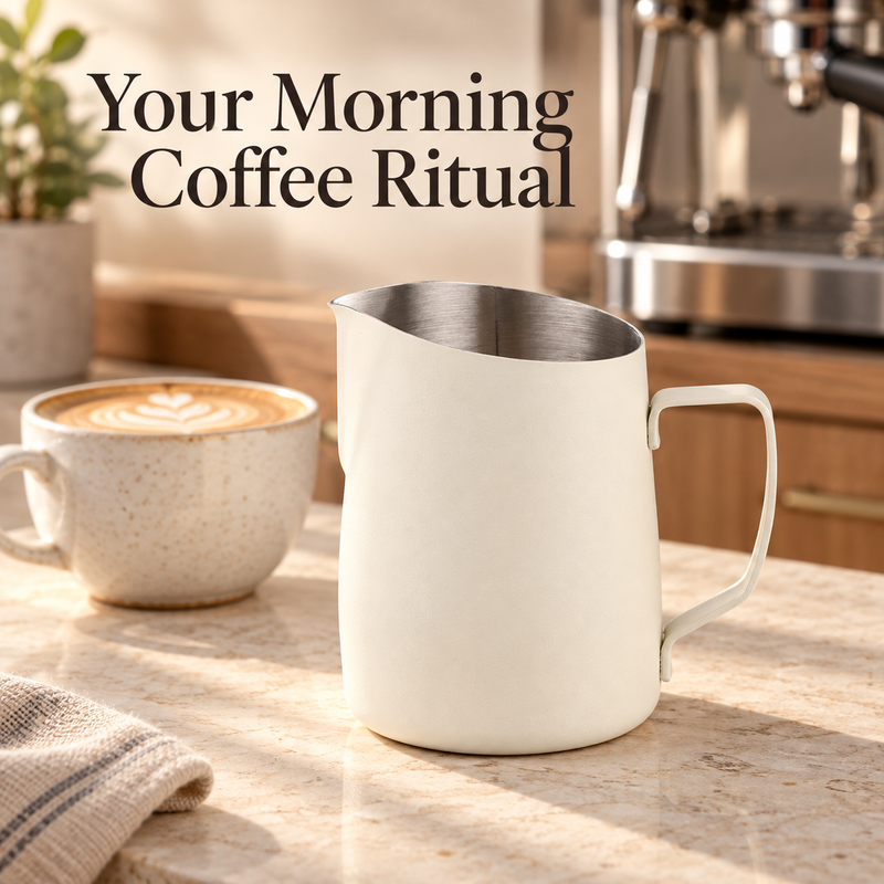 Ivory stainless steel milk pitcher beside a cappuccino in a home coffee corner