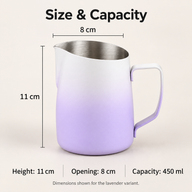 Lavender 450 ml milk pitcher with supplier-listed 11 cm height and 8 cm opening