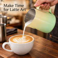 Mint gradient milk pitcher pouring steamed milk into espresso