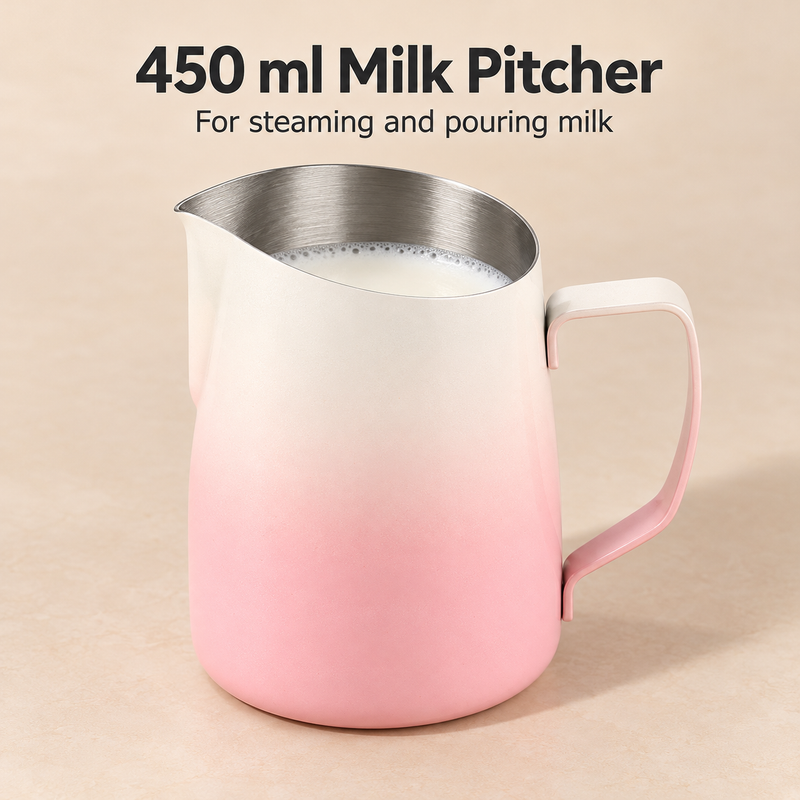 Pink gradient 450 ml stainless steel milk pitcher holding milk