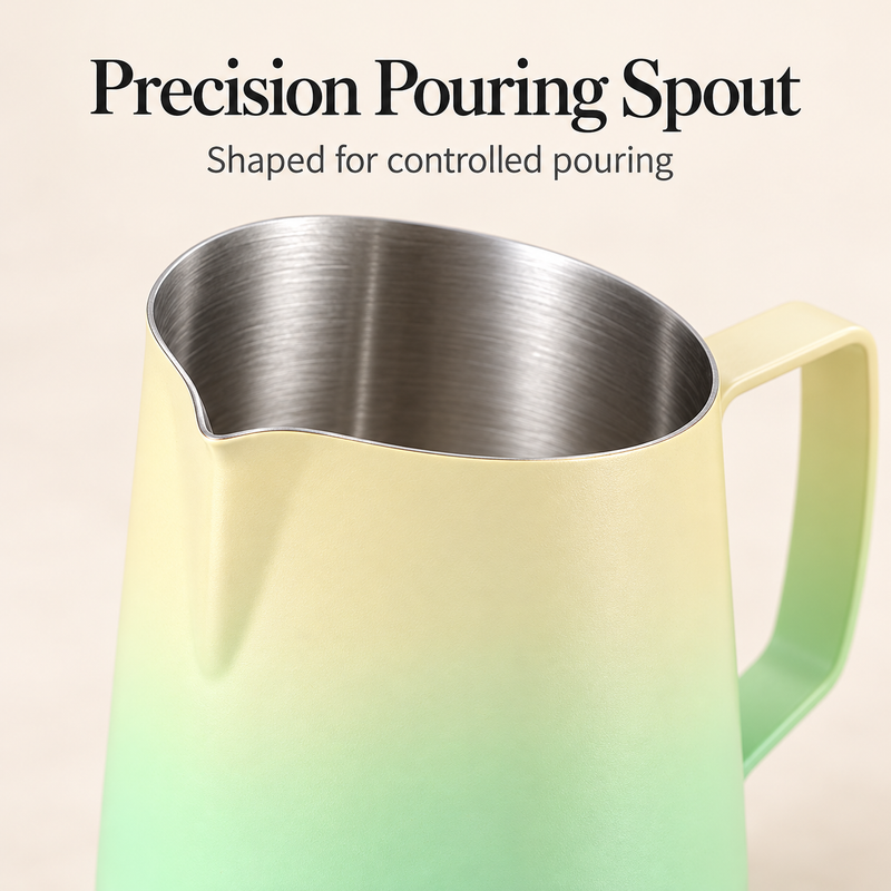 Close-up of the pointed pouring spout and stainless steel rim