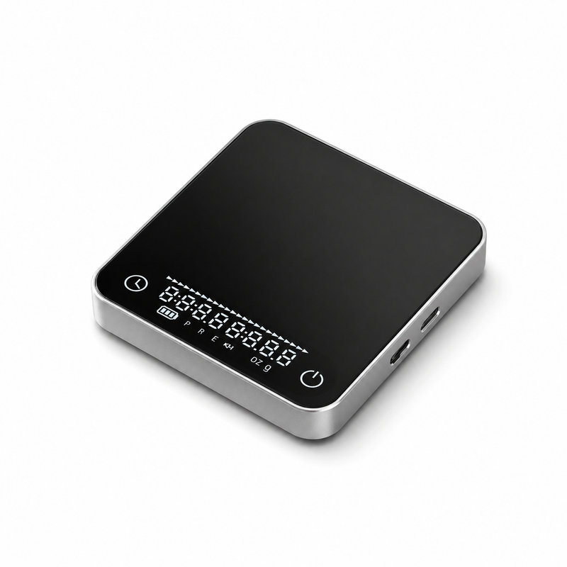 Angled view of the Yozcoffee mini aluminum alloy digital coffee scale with timer