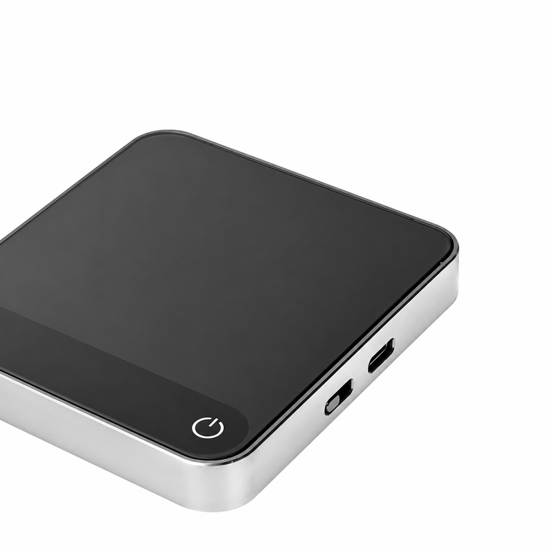 Yozcoffee mini aluminum alloy digital coffee scale side view showing the Type-C charging port