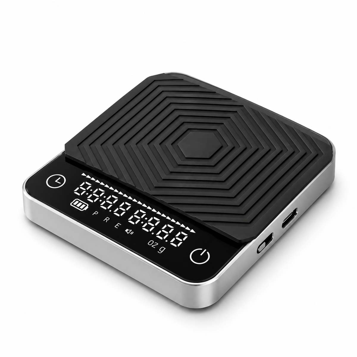 Black espresso coffee scale with removable silicone pad on white background
