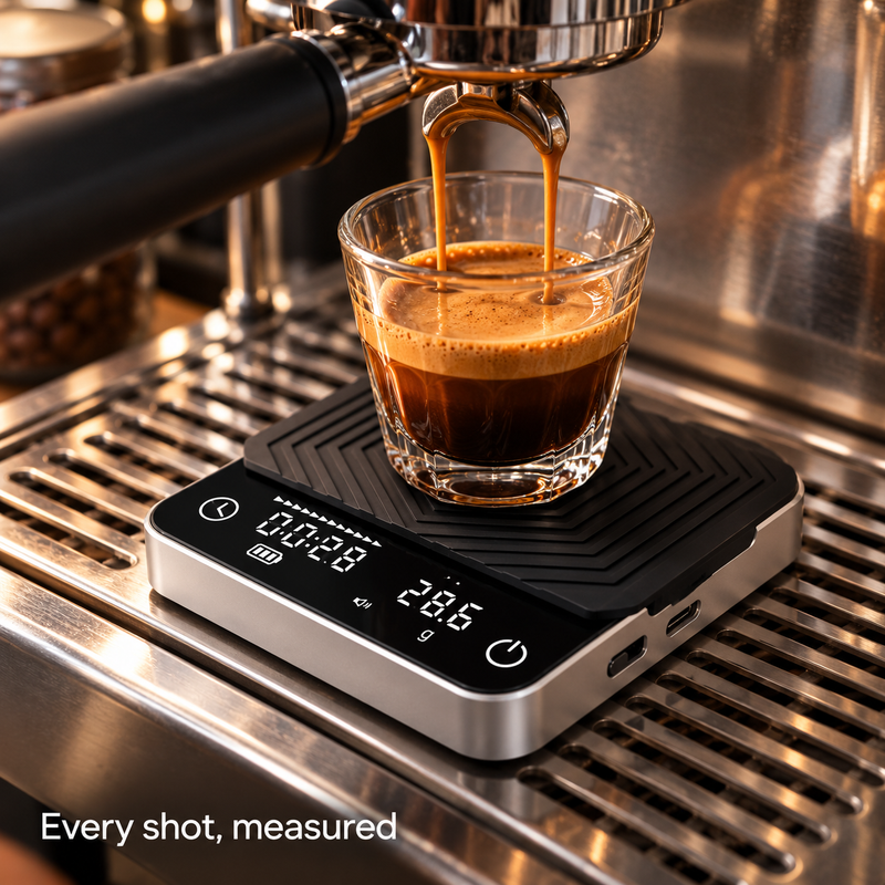 Coffee scale timing an espresso extraction under a coffee machine