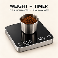 Coffee scale dual weight and brew timer display, 0.1 g and 2 kg