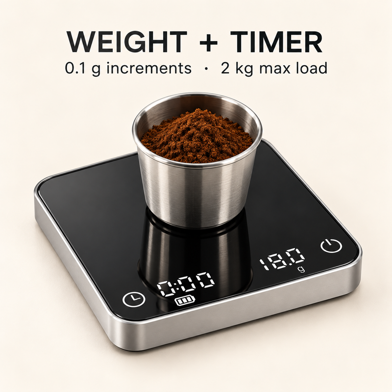 Coffee scale dual weight and brew timer display, 0.1 g and 2 kg