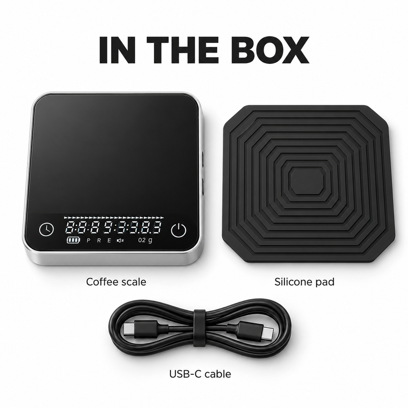 Coffee scale, removable silicone pad and USB-C charging cable