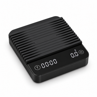 Yozcoffee black 80 mm mini coffee scale with ribbed top pad, timer and weight display on a white background