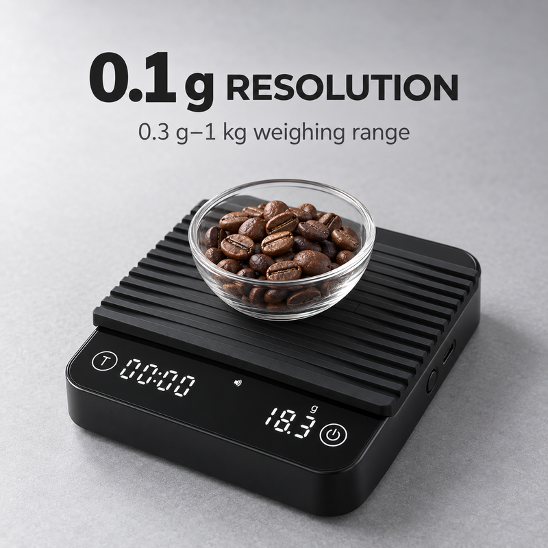 Mini Coffee Scale with Timer – 80mm, 0.1g/1kg, USB-C - immagine del prodotto