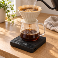 Black Yozcoffee mini coffee scale tracking brew time and weight during pour-over coffee preparation