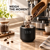 Matte black mini coffee weighing cup measuring beans on an espresso counter