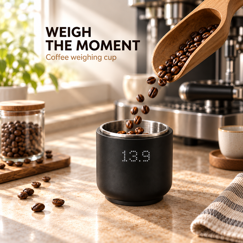 Matte black mini coffee weighing cup measuring beans on an espresso counter