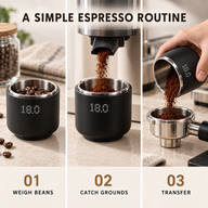 Three-step espresso preparation with the mini weighing cup: weigh beans, catch grounds and transfer