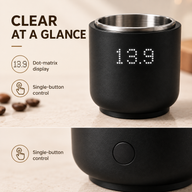 Mini coffee weighing cup with dot-matrix weight display and single control button detail