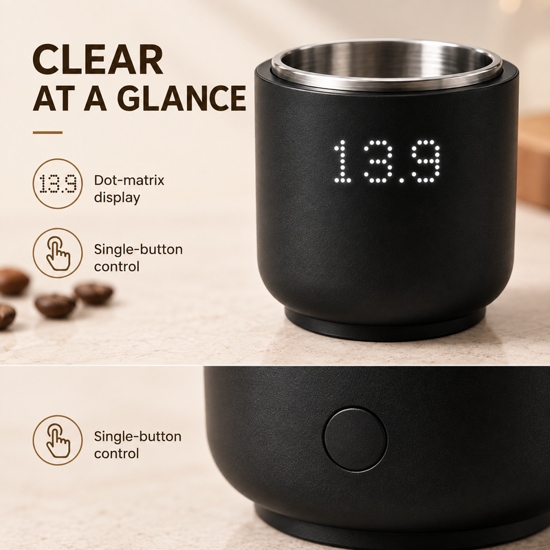 Mini coffee weighing cup with dot-matrix weight display and single control button detail