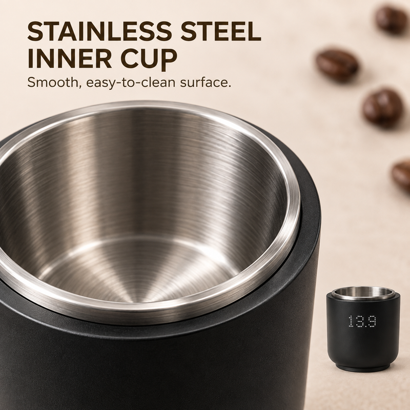 Close-up of the mini weighing cup's brushed stainless steel inner bowl and rim