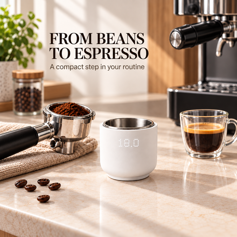 Matte white coffee weighing cup beside a portafilter and espresso